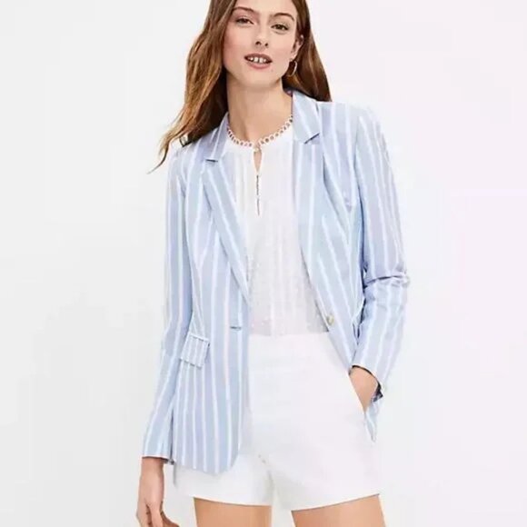 LOFT Jackets & Blazers - LOFT Blue and White Stripe Linen Blend Modern Blazer Size 14 NWT